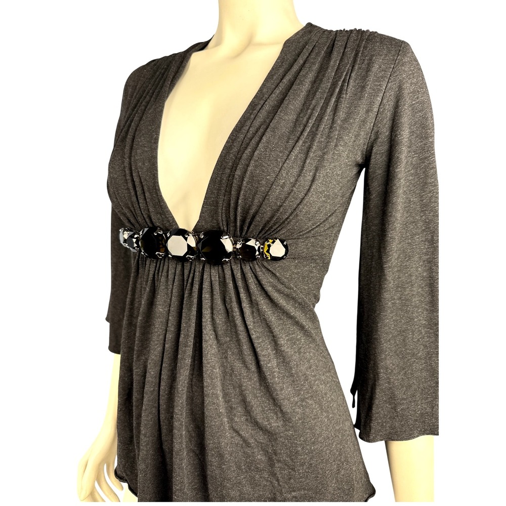 Sky‎ Brand Y2K Top Green Rhinestones Empire Waist Small Grey 2000s Rare Clubwear